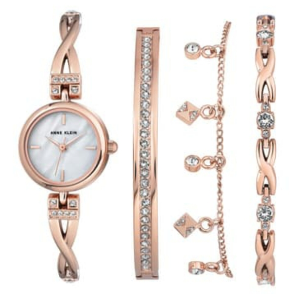 Anne Klein Rose Gold Swarovski Bracelet Watch Set